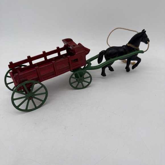 Vintage Cast Iron 1 Horse Wagon Missing Rider Black Horse Red Wagon - Picture 7 of 11